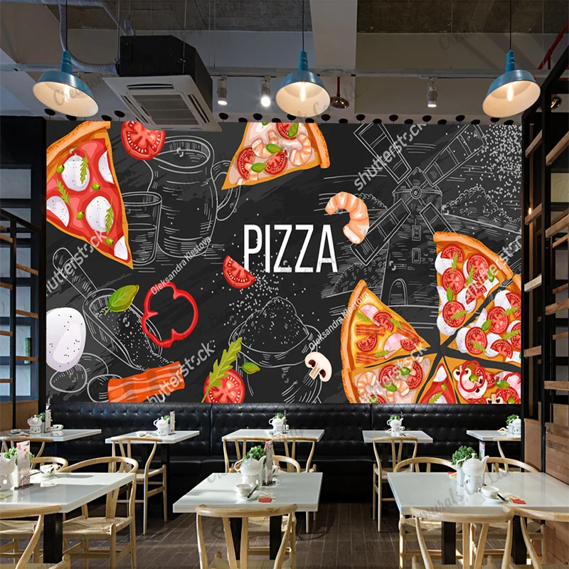 

Custom Blackboard Pizza Mural Industrial Decor Wall Paper Fast Food Restaurant Snack Bar Background Wallpaper Papel De Parede