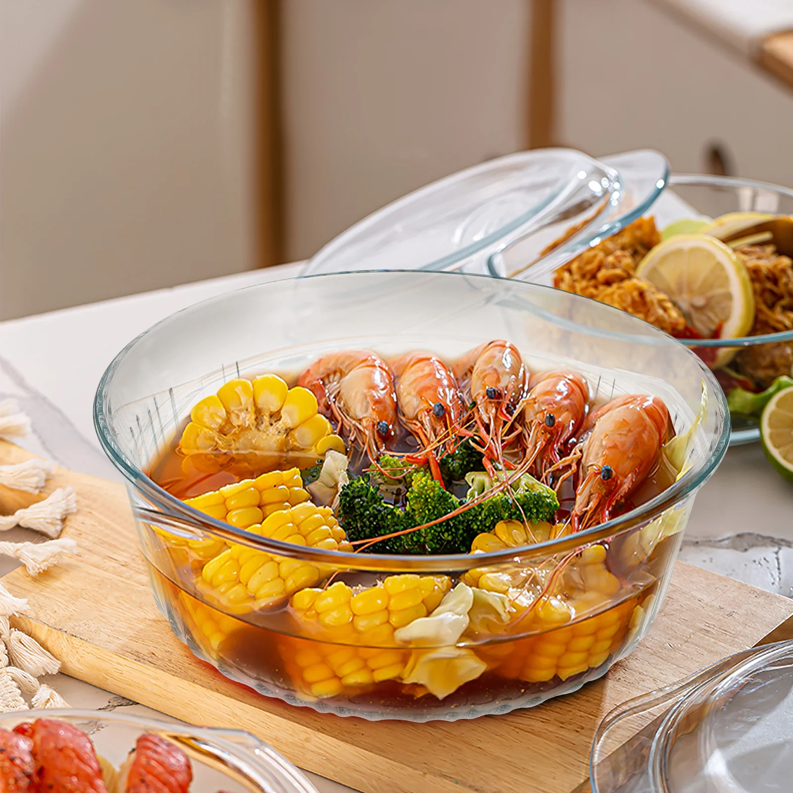 

Glass Casserole Dish Round with Lid Clear Oven Safe Bakeware Set for Stove Top Storage Sealing Design Ideal for Small Family