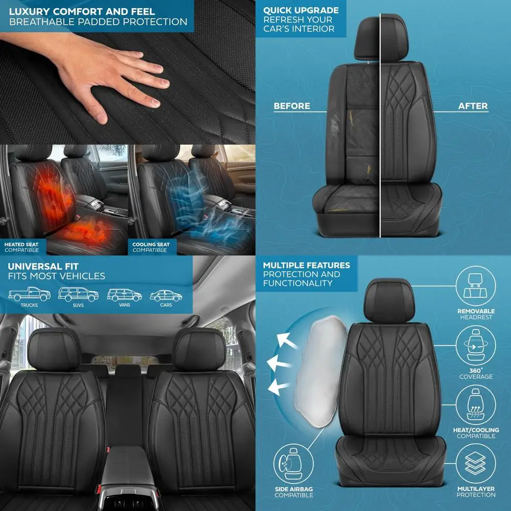 

Чехлы на сиденья Elite Edition из искусственной кожи и замши для автомобилей, грузовиков и внедорожников — 2 черных чехла на передние сиденья — универсальная посадка