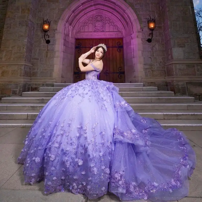 Lavender Shiny Princess Quinceanera Dresses Ball Gown Sequins Applique Lace Flower Beads Tull Mexico Sweet 16 Dress Vestidos De