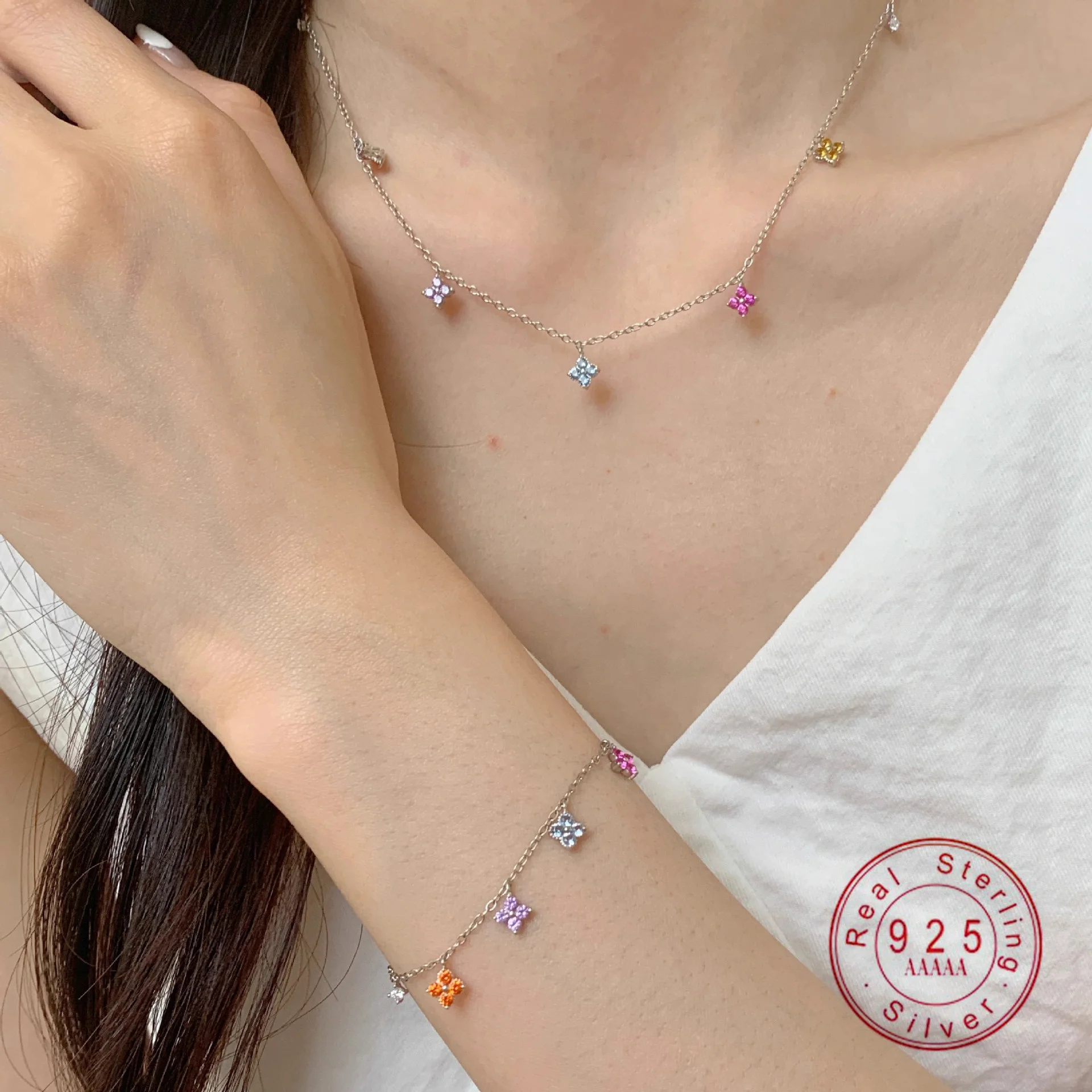 

Натуральное серебро 925 пробы, красочное циркониевое ожерелье-цепочка с цветком для женщин и девочек, подарочный воротник, новый