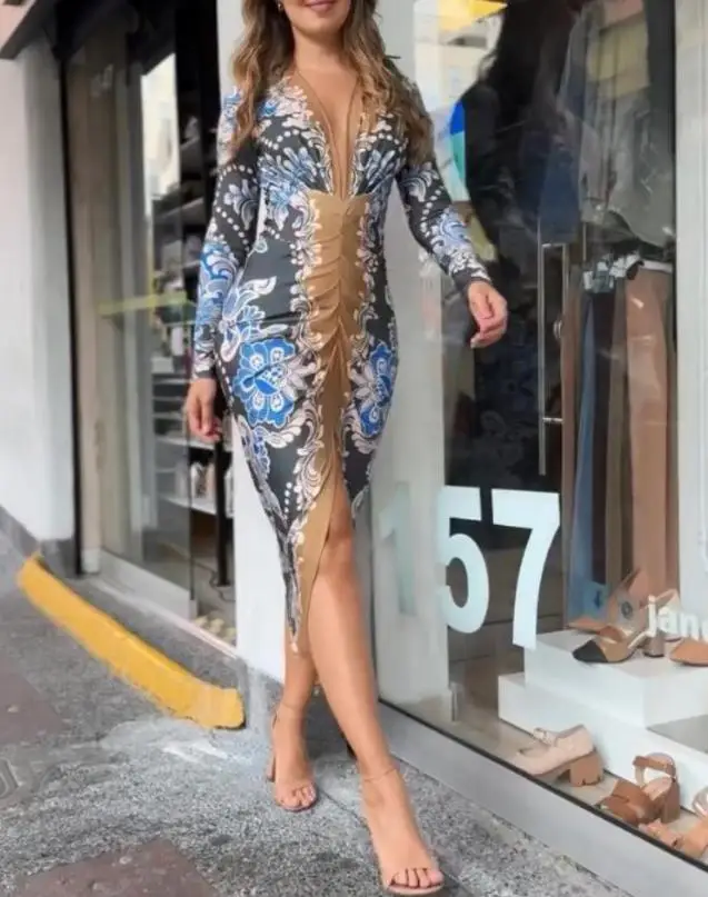 

Women's Dress 2025 Spring Summer Latest Floral Print Plume V Neck Long Sleeve Midi Dress Casual Slim Fit Slit Bodycon Long Skirt