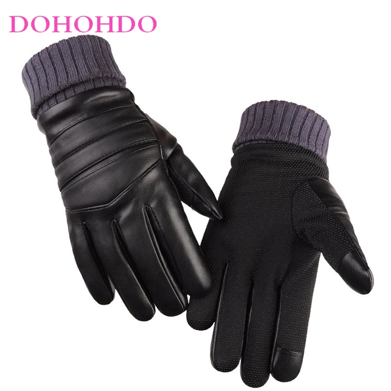 

New Autumn And Winter Men's Touch-screen Gloves Warm And Velvet Padded Hiking Outdoor Non-slip Black Leather Gloves Guantes Moto