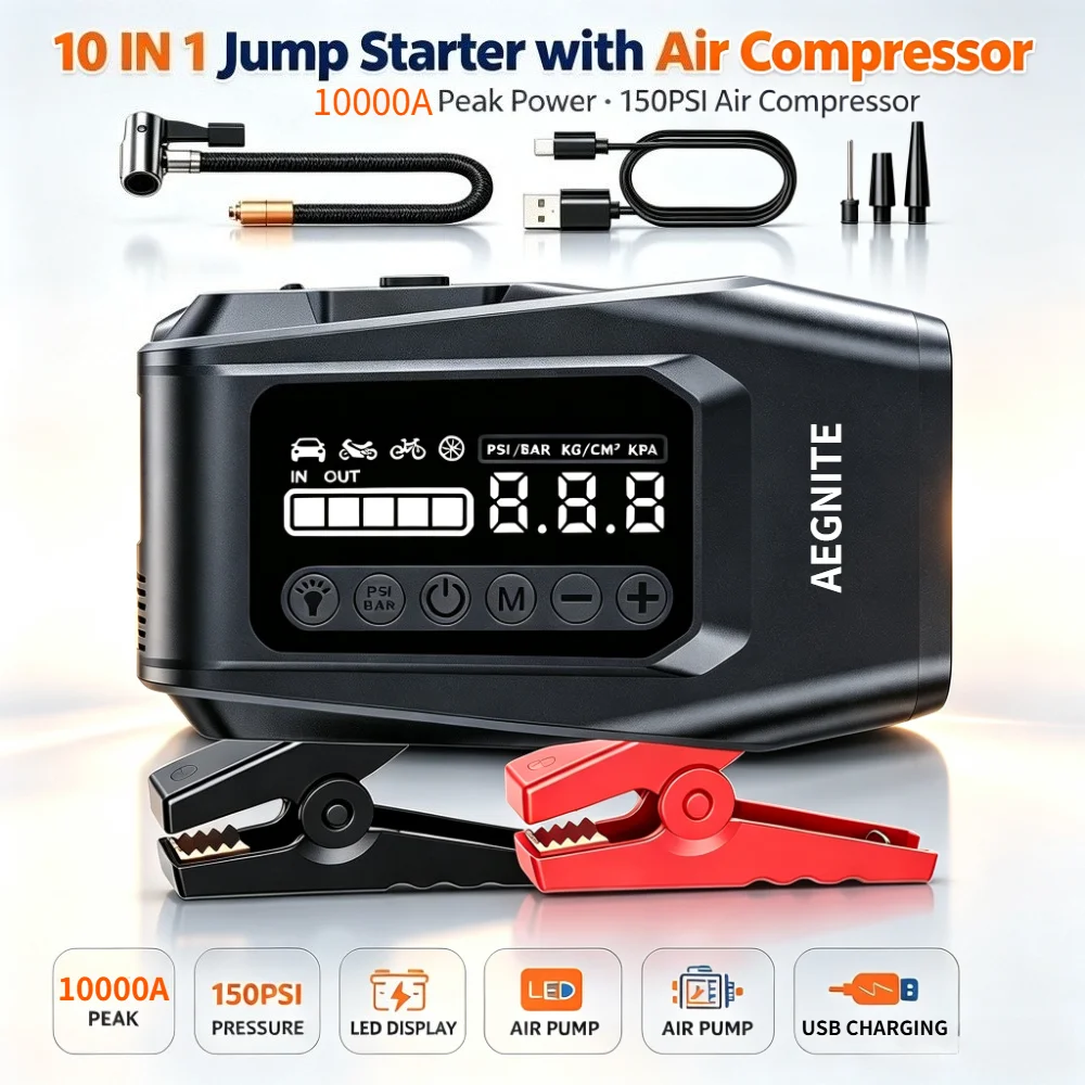 10-IN-1 Car Jump Starter with Air Pump Peak 5000A Auto Battery Booster 150PSI Air Compressor Portable Power Bank Tire Inflator