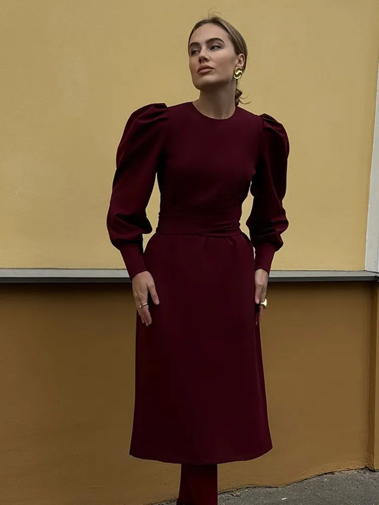 Robe Maxi Plissée Rouge Bordeaux pour Femme, Col Rond, Manches sulfBouffantes, Taille Haute, Élégante, Robes de Soirée, Festival, Mode, Automne