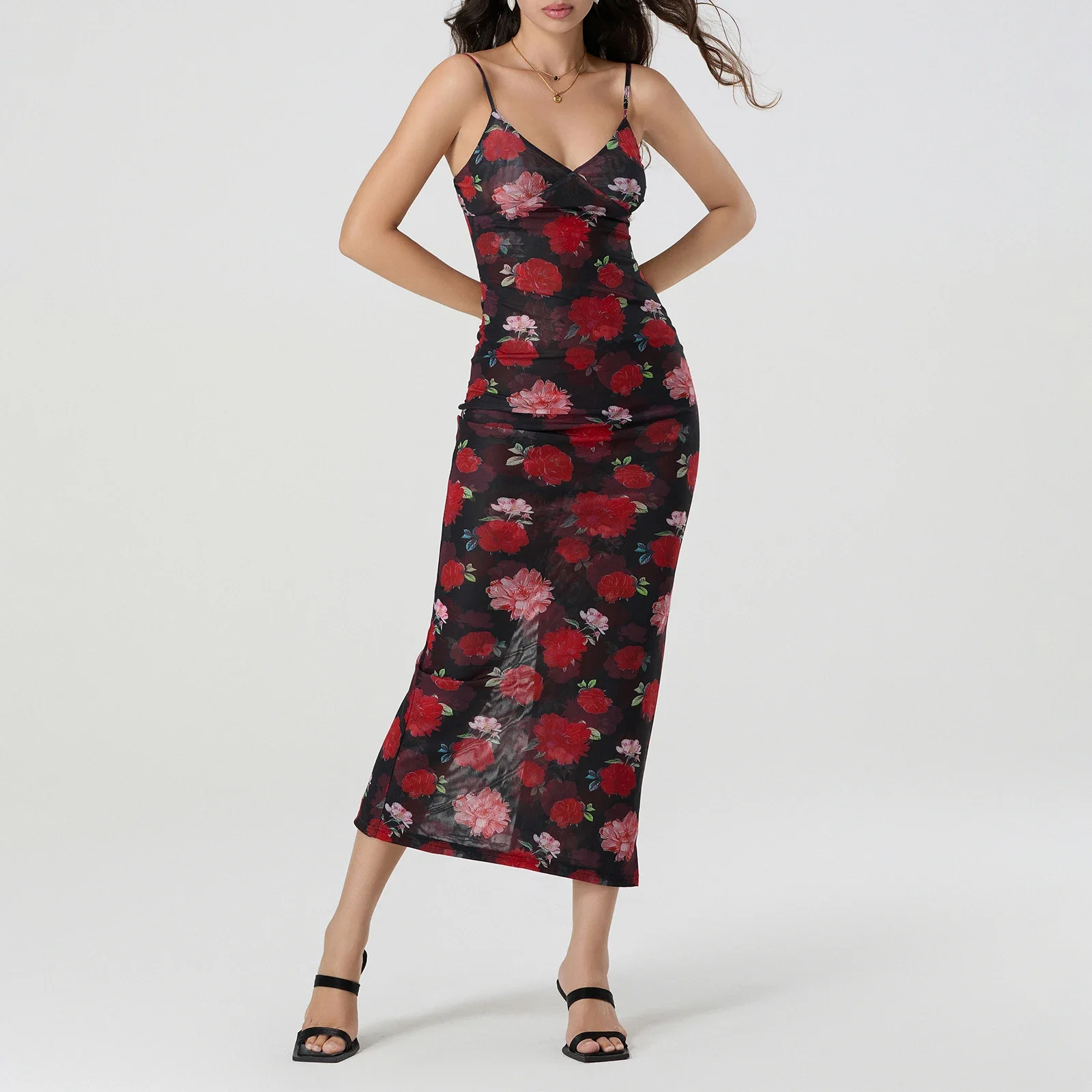 Women's Sexy Floral Print Sling Bodycon Long Dress Sleeveless Spaghetti Strap V-Neck Backless Elegant Cocktail Club Party Dress