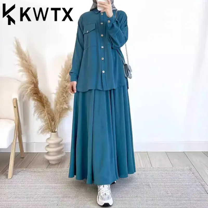 

KWTX 2025 Spring Summer Women's Oversized Long Sleeve Shirt & Midi Skirt 2PC Set Trendy Designer Co-ord Set Casual Chic Outfit