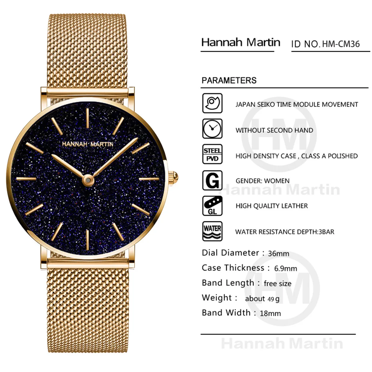 هانا مارتن ماركة 1 مجموعة ساعة نسائية CX36 الفاخرة السماء المرصعة بالنجوم ماتي 36 مللي متر ساعة اليابان الأصلي حركة الكوارتز فستان السيدات ساعة #4