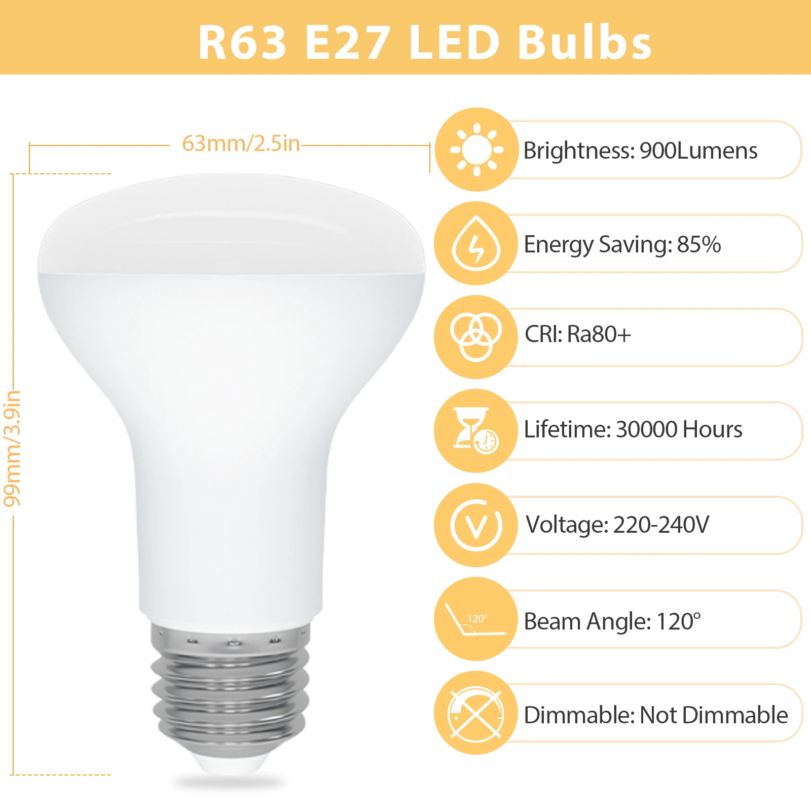 6 Pack R63 Reflector E27 LED Bulb AC220-240V Cool White/Warm White 9W Equivalent 60W LED Spotlight Bulbs 900LM 120° Beam Angle