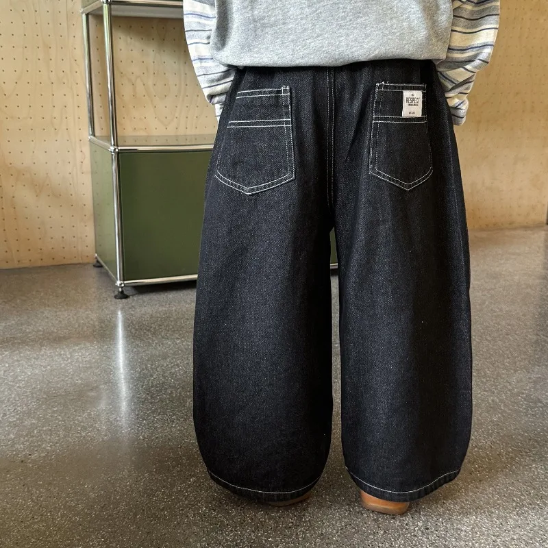 2025 New Winter Kids Pants 3-8T Solid Color Boys Loose Warm Staight Jeans Fleece Thick Baby Loose Denim Pants Children Clothes