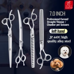 Fenice Left Hand 7 Inch Professional Pet Scissors Set Dog Grooming Kit Scissors Straight Curved Chunker Thinner Shears JP440C