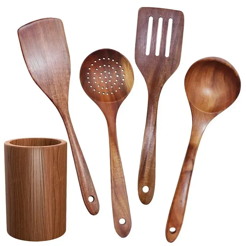 

New Wooden Tableware,Teak Kitchen Cooking Tableware Set with Stand, Suitable for Non-Stick Cookware,Wooden Shovel Spoon Cooking