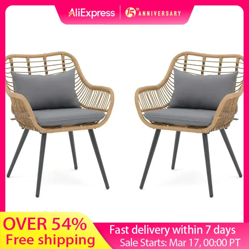 Garden Chairs Set of 2, Wicker Seating Set with Soft Cushion for Indoor & Outdoor Use, Modern Wicker Dining Chairs for Backyard