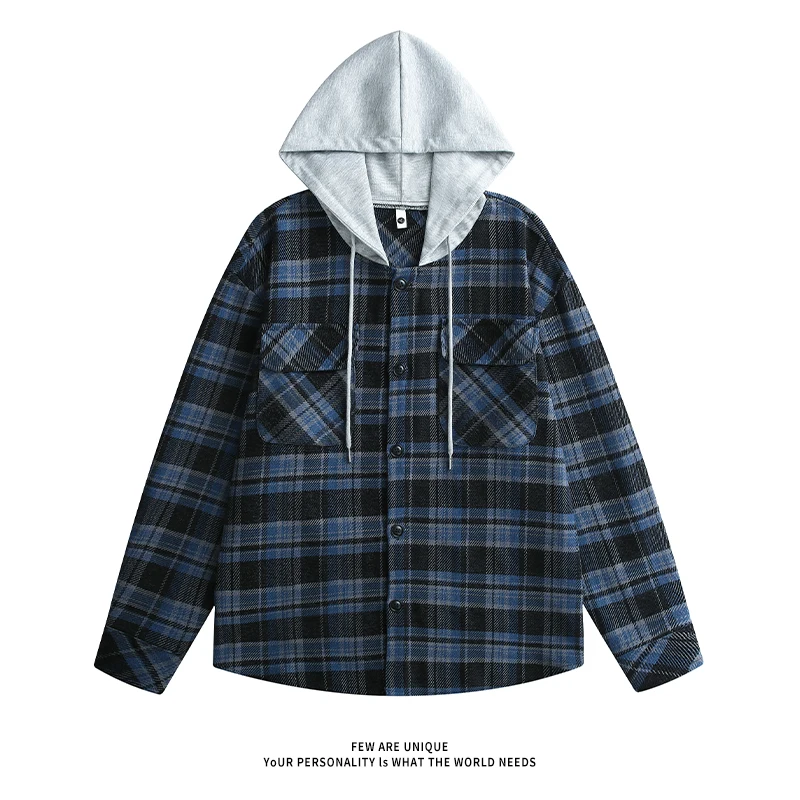 Men's Hooded Shirt Jacket Long Sleeve Single Breasted Plaid Jacket New Autumn Casual Loose Cardigan with Pockets