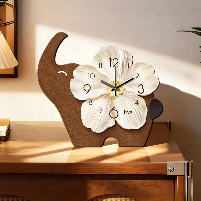 Korean Creative Elephant and Flower Table Clock Cartoon Silent Decorative Clock Bedroom Office Desk Decorations Quartz Watch