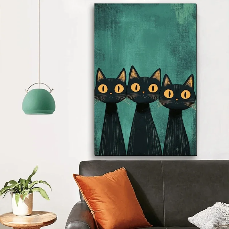 Three Black Cats Poster and Prints Cartoon Animals Art Canvas Painting Wall Art Picture for Living Room Home Decor No Frame