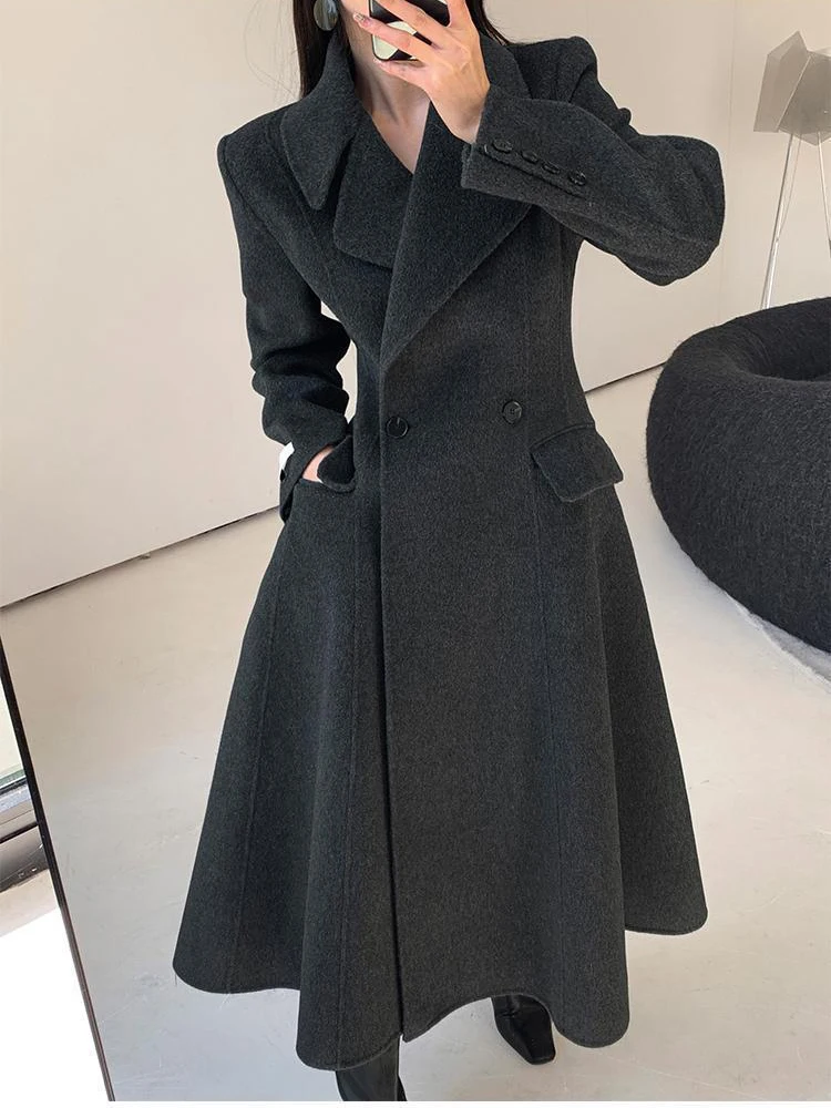 2024 Double-sided Wool Coat Women Autumn-Winter New Solid Color Lapel Lace-up Pockets Mid-length Jacket Slim Outerwear