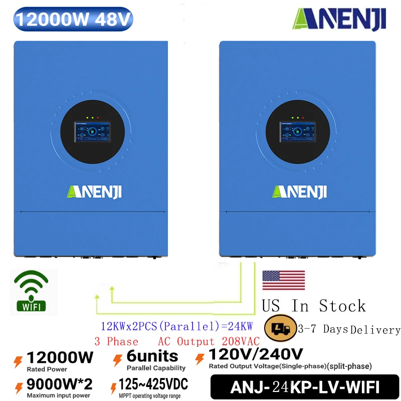 

24KW 12KW Split Phase Hybrid Solar Inverter 110V/240VAC 3 Phase AC 208VAC MPPT Pure Sine Wave 220A Solar Charger PV 500VDC