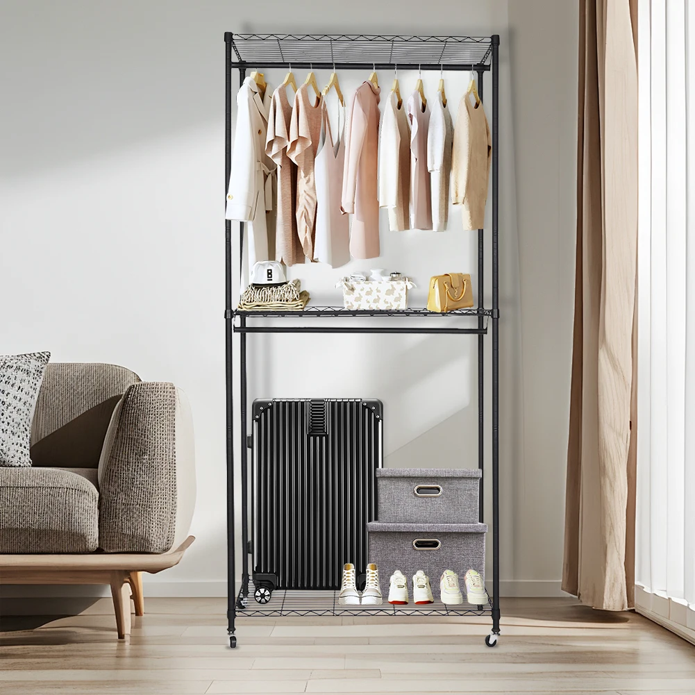 

Rolling Clothing Rack with Wheels Freestanding Closet Heavy Duty Garment Rack with Cover for Coats Shirts Dress
