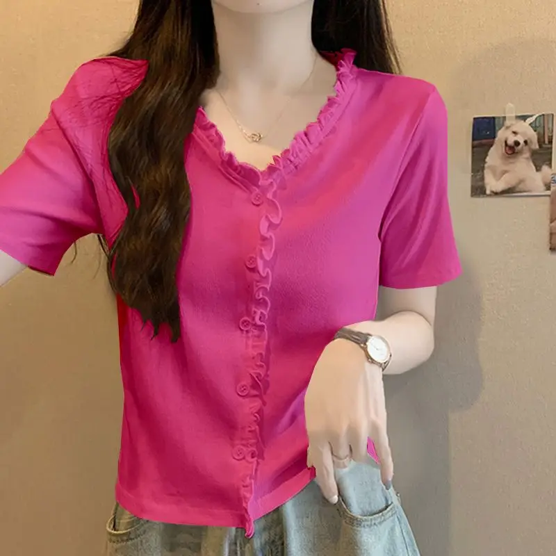 

Fashion V-Neck Spliced Button Short Sleeve Ruffles Shirt Female Clothing 2023 Summer New Oversized Casual Tops Sweet Blouse