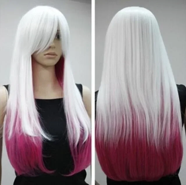 new white and rose red mix long straight cosplay wig