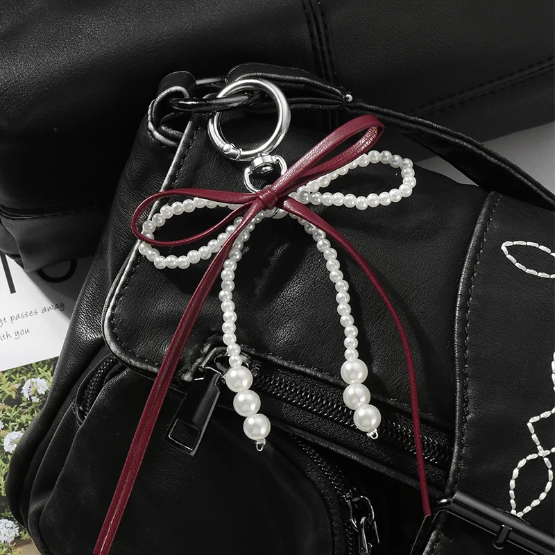 Sweet Red Cherry Pearl Keychain Bag Decoration Ribbon Bow Keychain Cute Backpack Hanging Decoration Gift For Best Friend