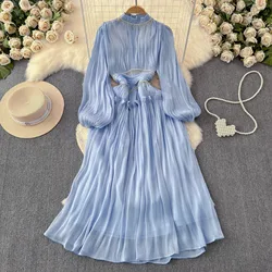 Blue Silk Women Dress Bodycon Diamonds Tassel Elegant Evening Party Dresses Long Sleeve O-neck Luxury Design Vestidos