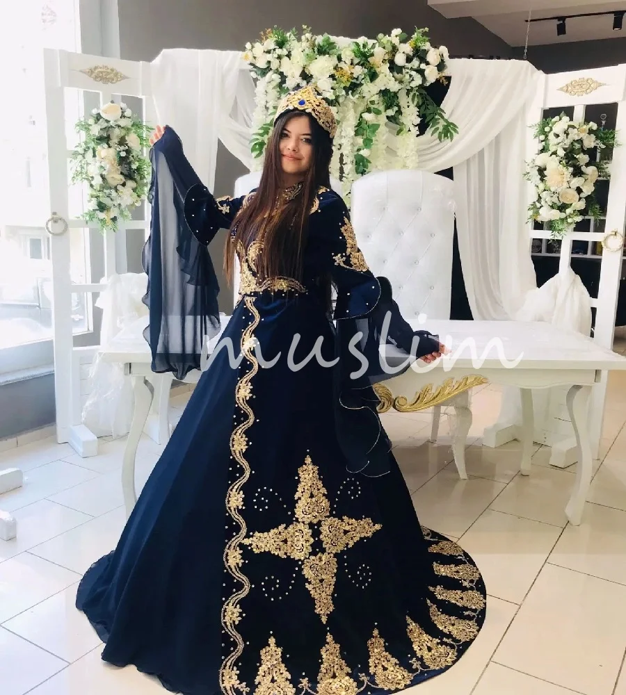 

Ankara Turkish Blue Wedding Dress For Muslim Gorgeous Long Sleeve Gold Lace Ottoman Caftan Morrocan Bridal Dress 2025 Beaded