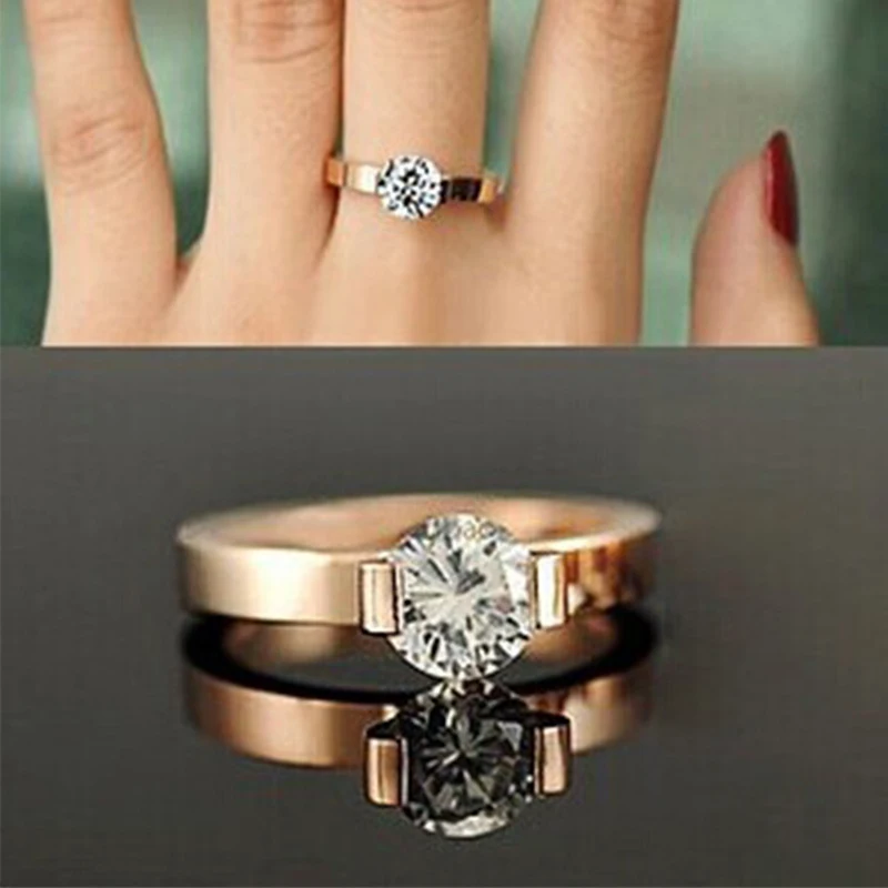 Hot 1 Carat Shiny Crystal Ring For Wedding Titanium Steel Top Quality Gold Color Jewelry Love Gift Woman Ring Wholesale R722