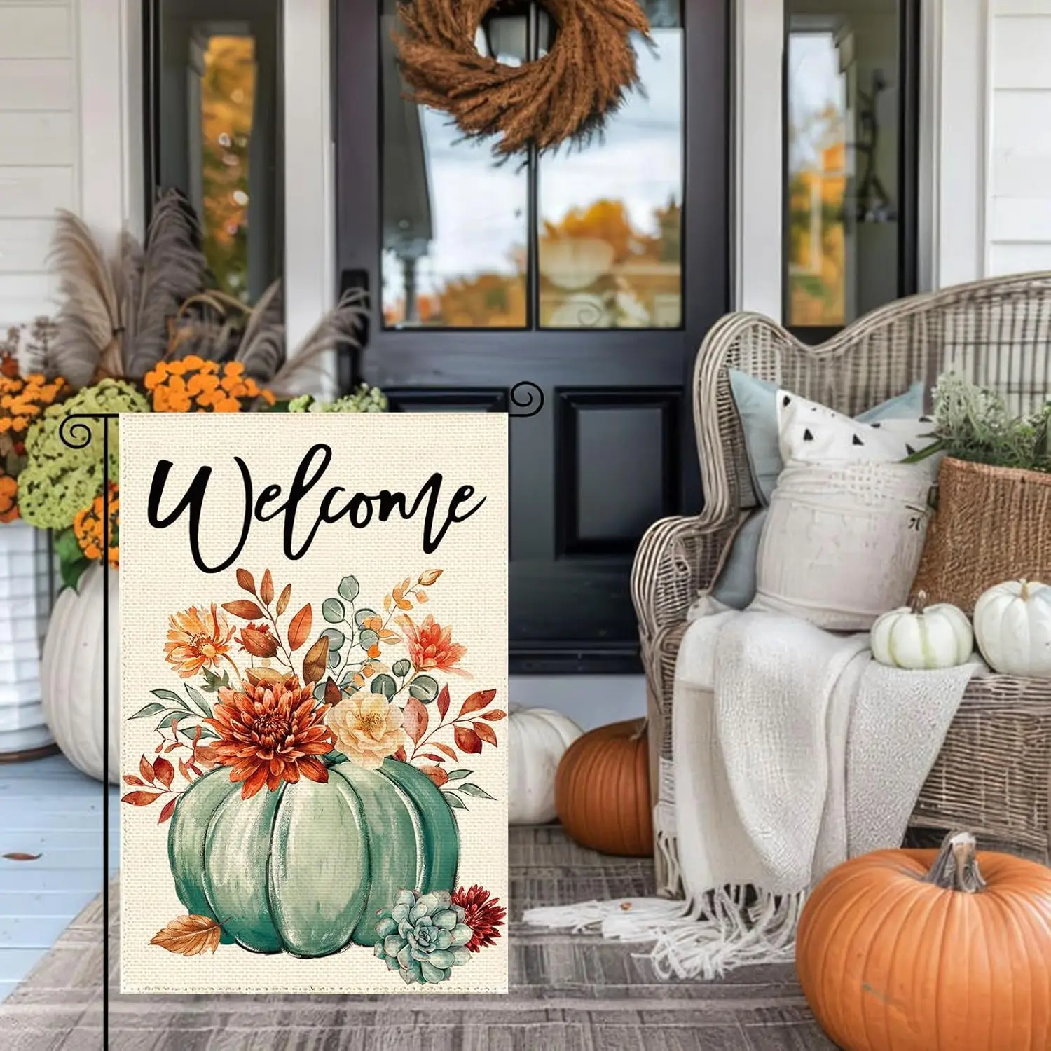 Fall Dahlia Pumpkin Garden Flag 12 x 18 Inch, Autumn Thanksgiving Floral Burlap Double Sided Welcome Small Flag Yard House F GGX