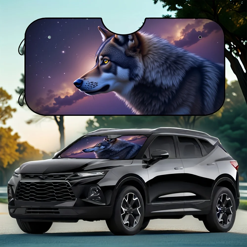 

1pc Galaxy Wolf Print Car Sunshade, Polyester Fiber, Foldable Sun Visor For Sedans, SUVs, Vans, And Trucks, Keeps Vehicle Cool W