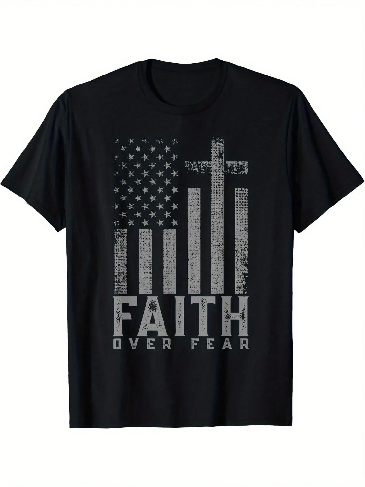 

Men's 100% Cotton Faith Over Fear American Flag Graphic T-Shirt Crew Neck Short Sleeve Casual Tee