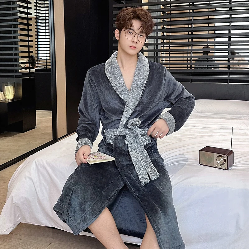 2026 Winter Long Sleeve Thick Warm Flannel Kimono Robes for Men Loose Coral Velvet Sleepwear Bathrobe Male Homewear Home Clothes
