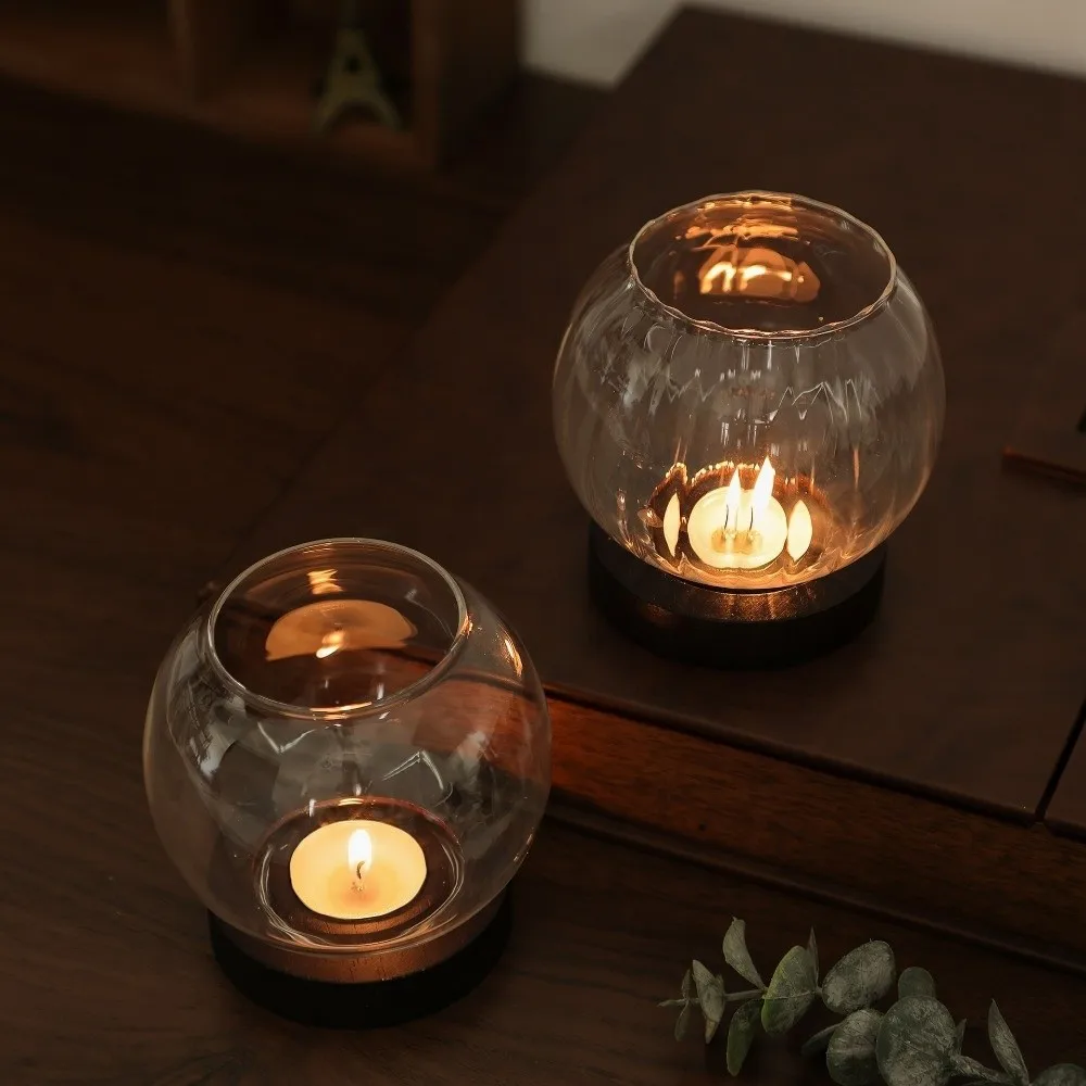 Retro Transparent Candle Holder Glass Oil Lamp Shape Candlesticks with Wooden Base Round Tealight Dinner Table Decoration
