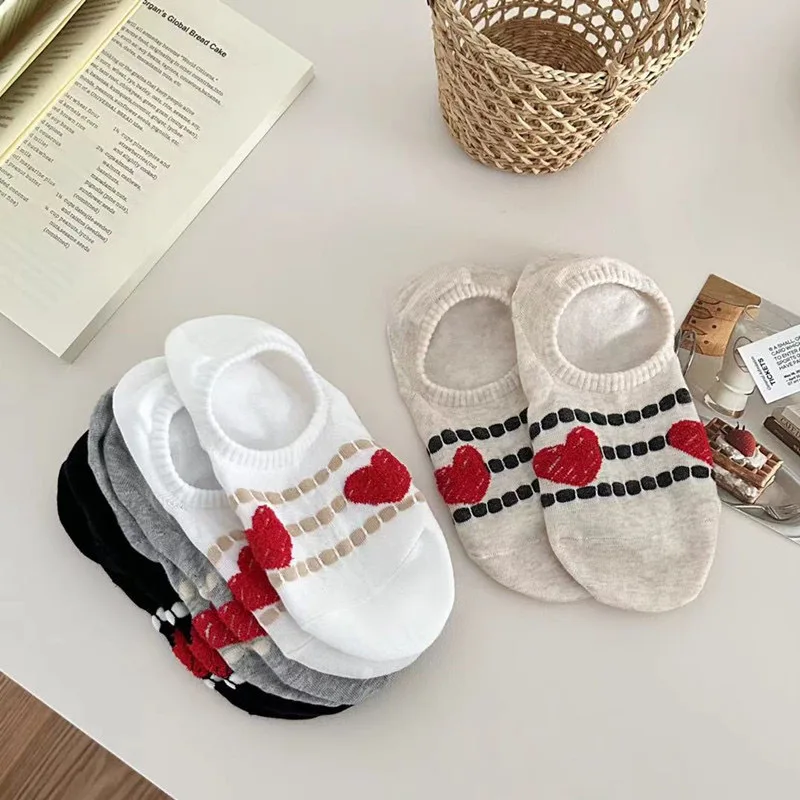 5 Pairs Women's Socks Set Love Simple Korean Fashion Versatile Preppy Style Ankle Socks Striped Anti Slip Invisible Short Socks
