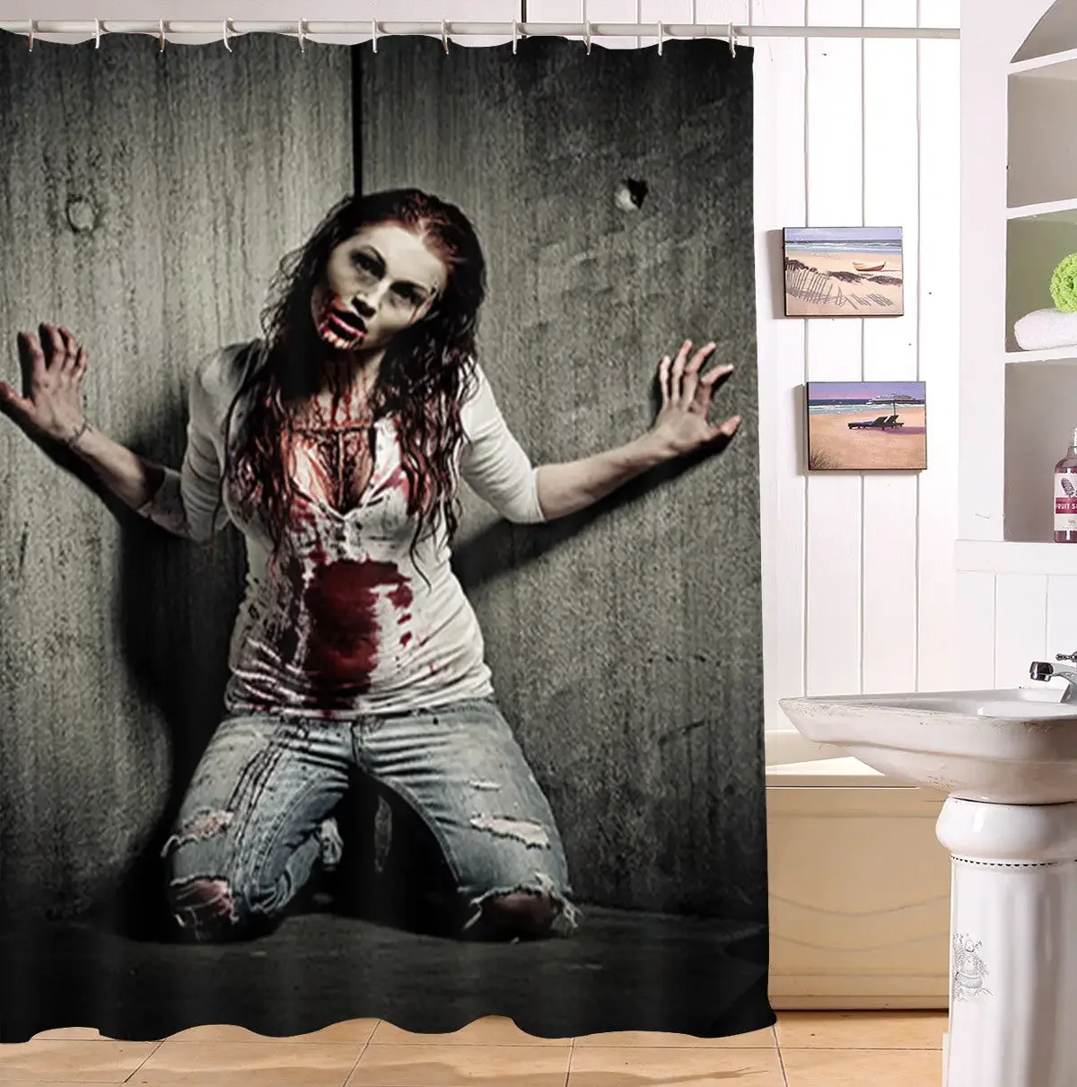 Halloween Blood Beauty Girl Shower Curtain Set Polyester Waterproof