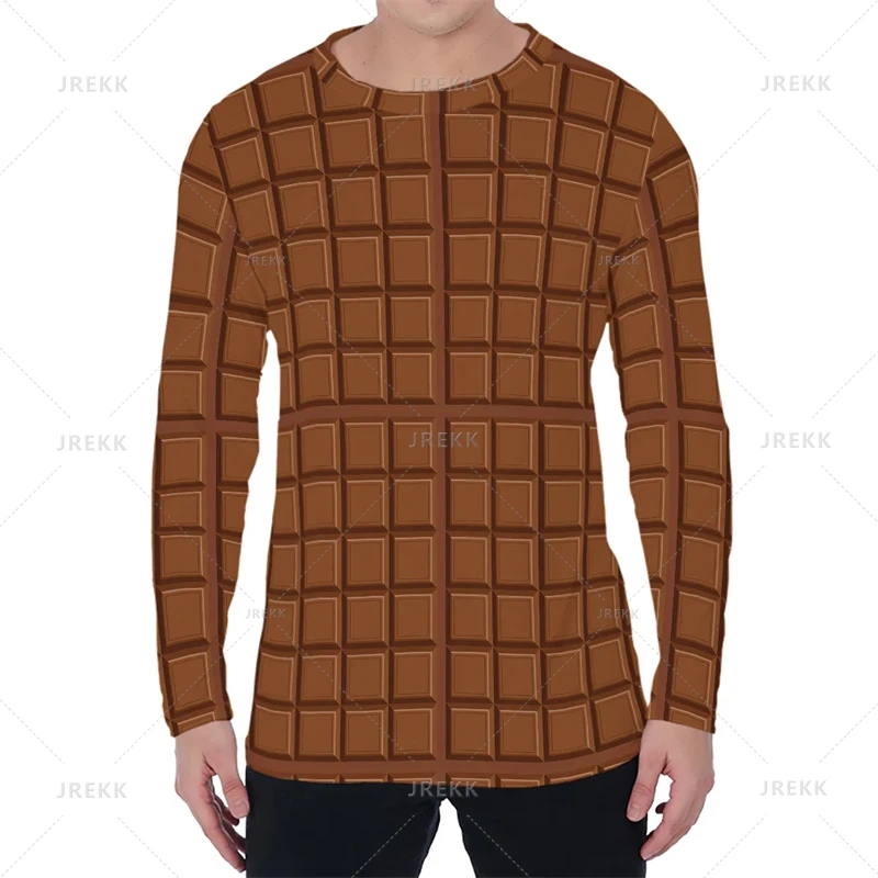 Harajuku 3D Chocolate Sweet Printing Long Sleeve T Shirt For Men Chocolate Chip Cookies Graphic Clothes Funny Mens Clothing Tops