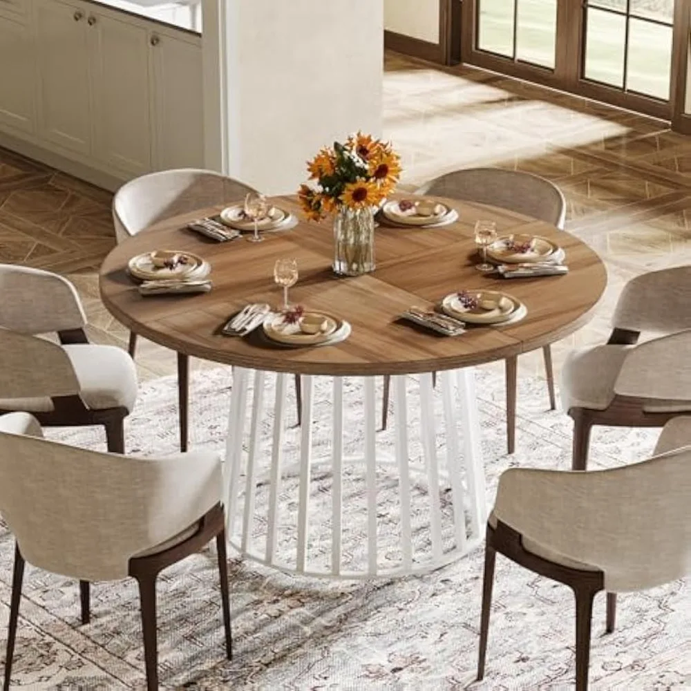 47 Inch Round Dining Table, Farmhouse Dining Table, Round Kitchen Table with White Metal Base and Rustic Brown Color