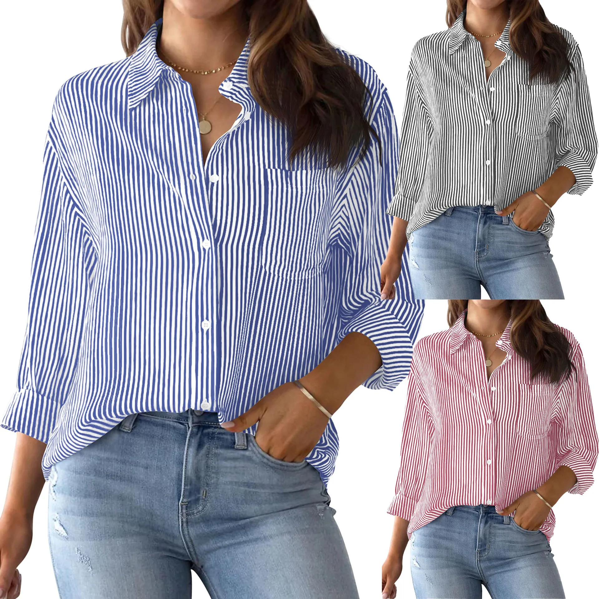 YJKDYK 2024 Spring Autumn Women\'s Blouses Female Long Sleeve Tops Buckle Up Shirt Striped Classic Long Sleeved Office Work Shirt