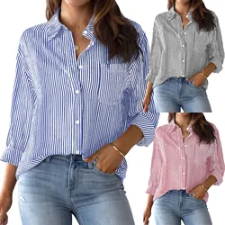 YJKDYK 2024 Spring Autumn Women's Blouses Female Long Sleeve Tops Buckle Up Shirt Striped Classic Long Sleeved Office Work Shirt