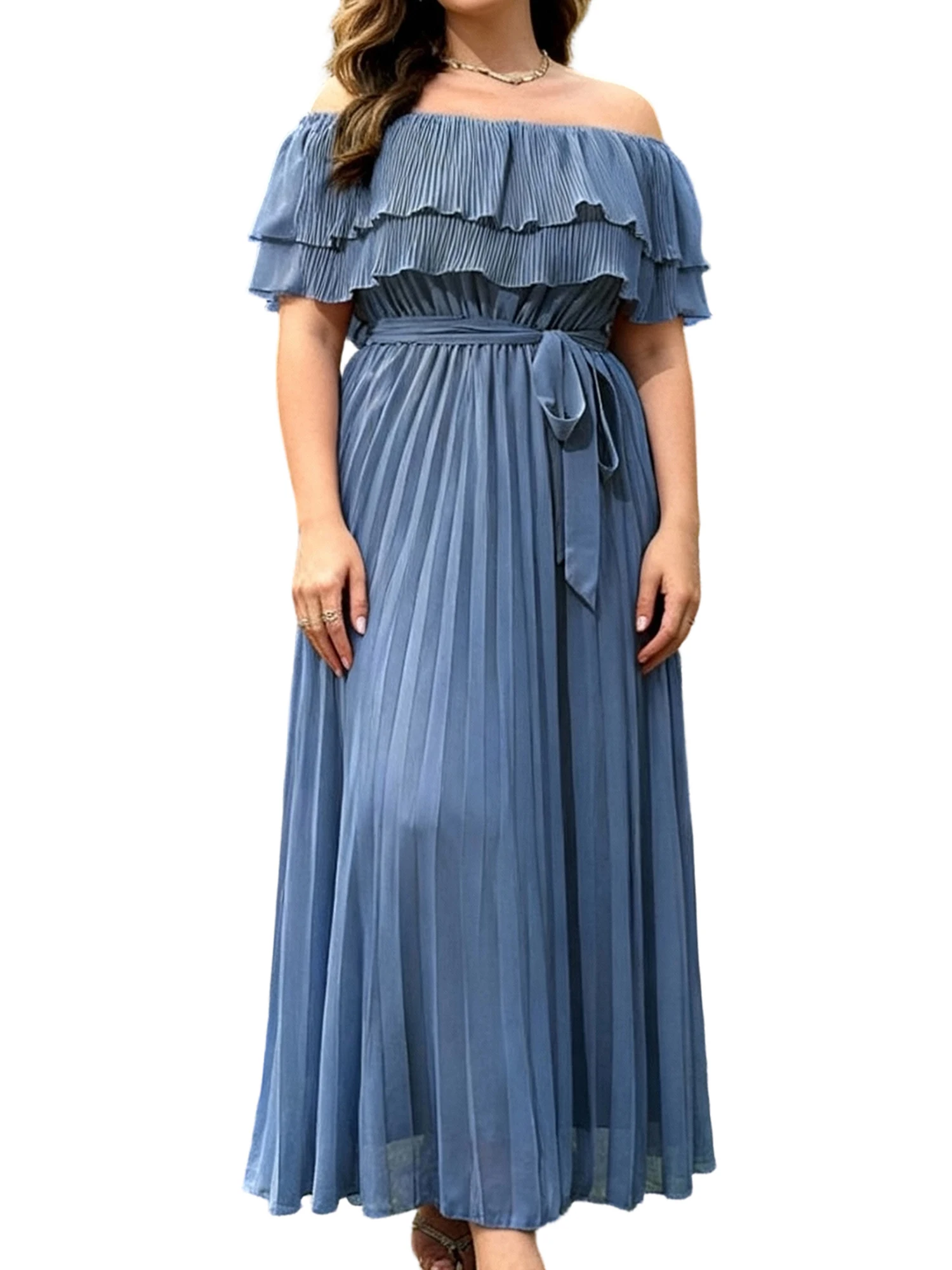 

Women s Summer Plus Size Dress Short Sleeve Off Shoulder Solid Color Pleated Long Dresses with Belt