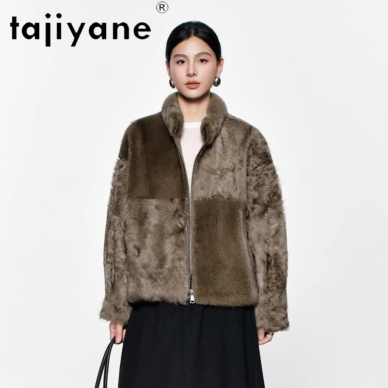 TAJIYANE Visone Impiombato con Pelliccia di Pecora Giubbotti Donna Colletto alla coreana Breve Giacca di Pelliccia Reale Abbigliamento Donna Inverno Nuovo in Cappotto Шуба