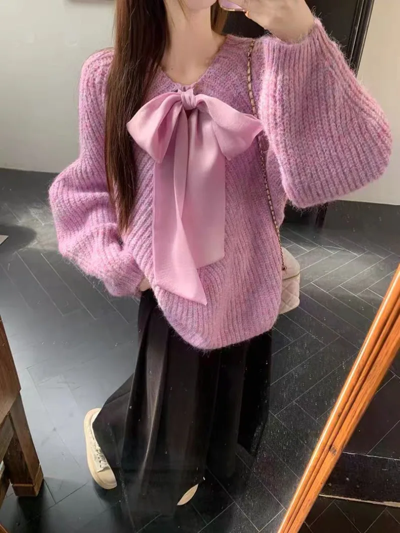 

Французский модный милый осенне-зимний вязаный свитер с большим бантом на шнуровке, женский однотонный пуловер с длинными рукавами, свободный трикотаж, джемпер