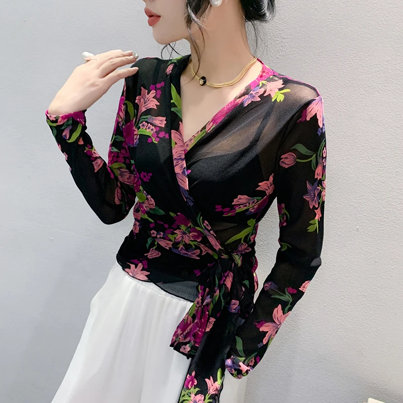 T-shirt lunga trasparente sexy V-Ne da donna Primavera Estate Stampa floreale Me Knot Stretto Versatile Pendolarismo Sle Top