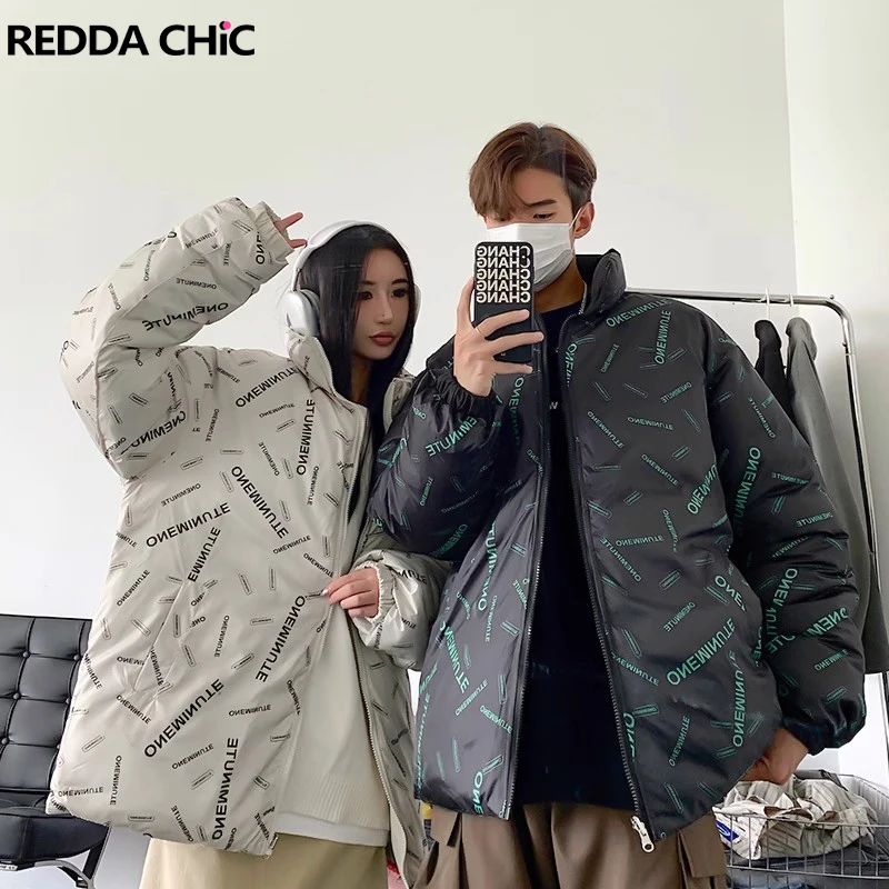 REDDACHiC 2-sided Reversible Couple Down Jacket Turtleneck Long Sleeves Puffer Oversize Coat Y2k Graphic Women Men Winter Parkas