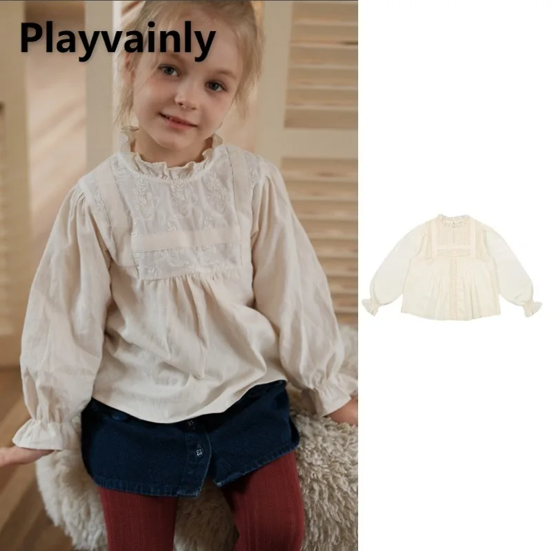 

2025 New Spring Autumn Girl's Blouse Floral Embroidery Lace Collar Puff Sleeve Shirts Tops Fashion Versatile Kids Clothes W5145