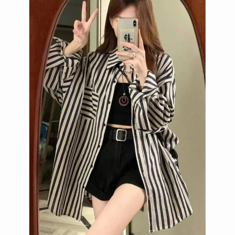 Vintage Black Striped Loose Shirt Tops Spring Summer Long Sleeve Youth All-match Casual Blouse Fashion Lazy Style Women Clothing