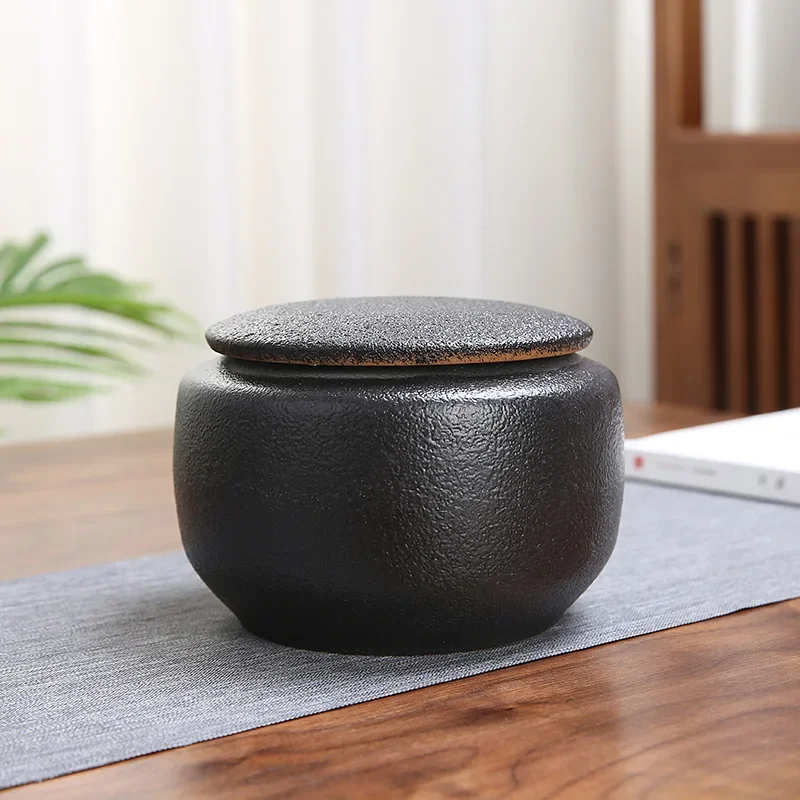 Black Ceramic Tea Cans Lid Sealed Kitchen Food Storage Containers Large-capacity Scented Beans