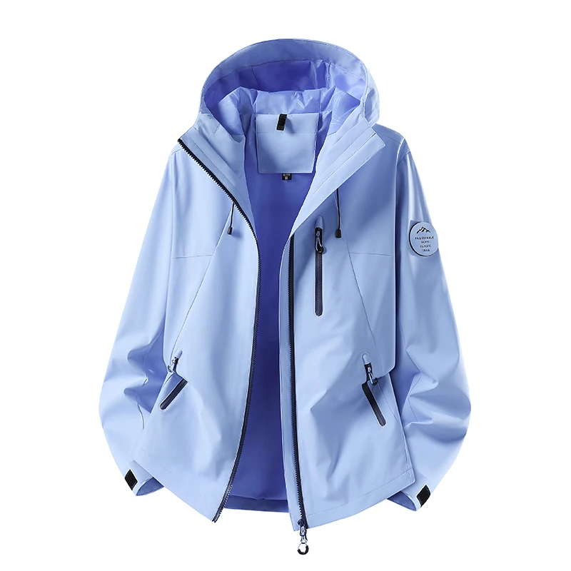 Fashion Light Blue Short Outdoor Jacket Women Round Arm Badge Adjustable Hood Waterproof Windbreaker Multi Pocket Hiking Camping