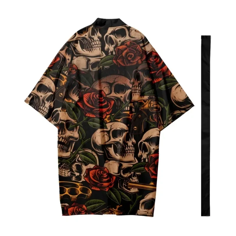 

Japanese Skull Pattern Stripes Tops Men's Long Kimono Traditional Cardigan Samurai Bathrobes Kimono Shirt Yukata Jacket